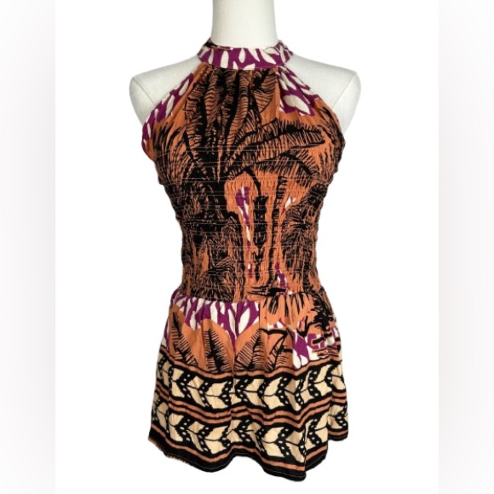 Christian Siriano Orange, Purple and Black Halter Smocked Top